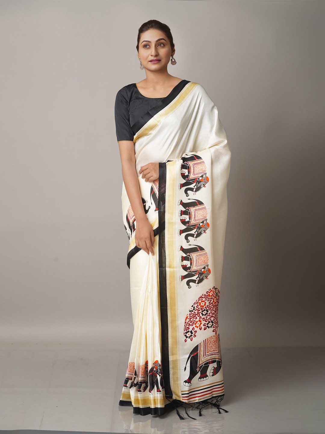 

Unnati Silks Cream-Coloured & Black Ethnic Motifs Art Silk Block Print Saree