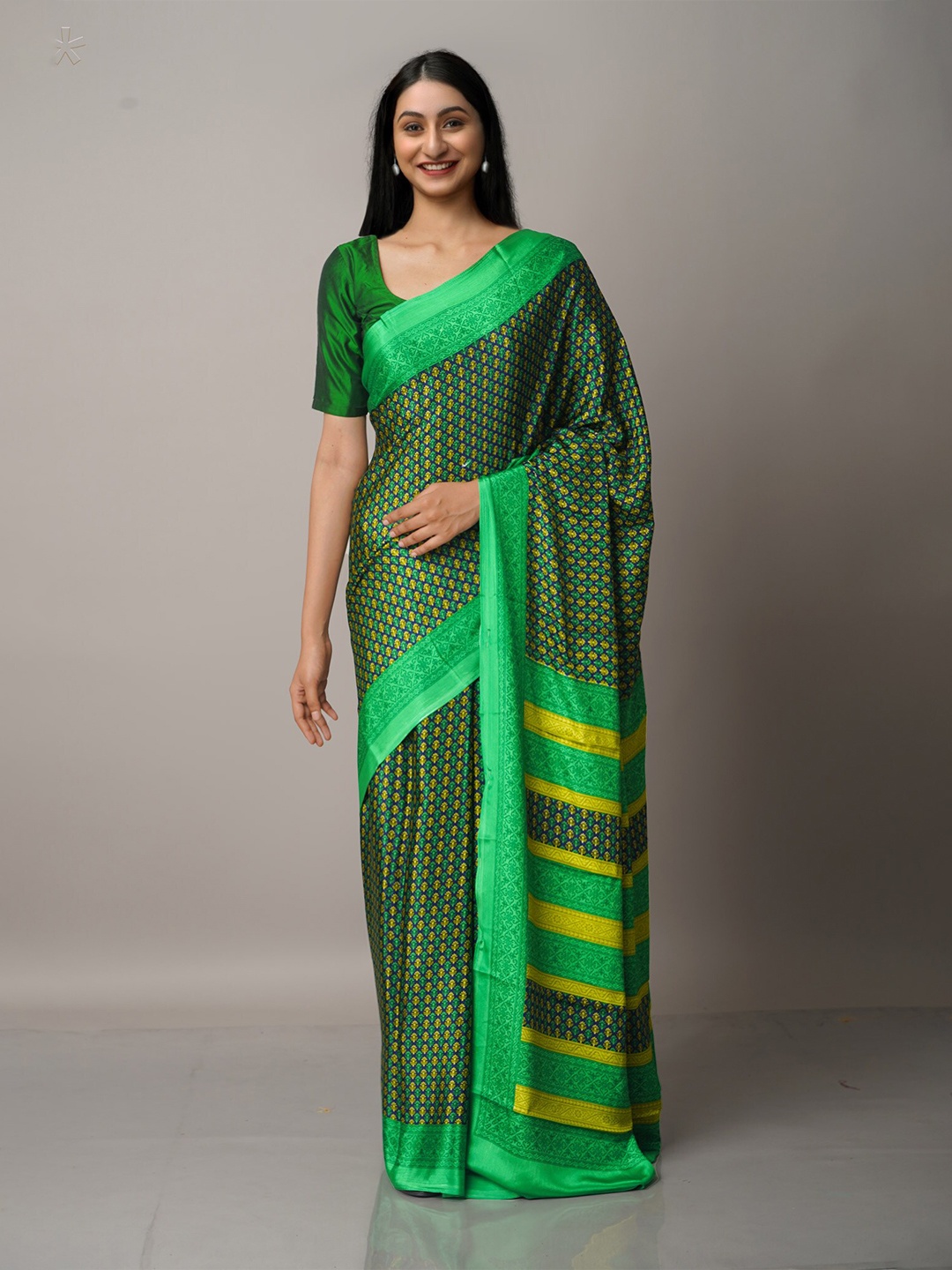 

Unnati Silks Green & Yellow Ethnic Motifs Block Print Saree