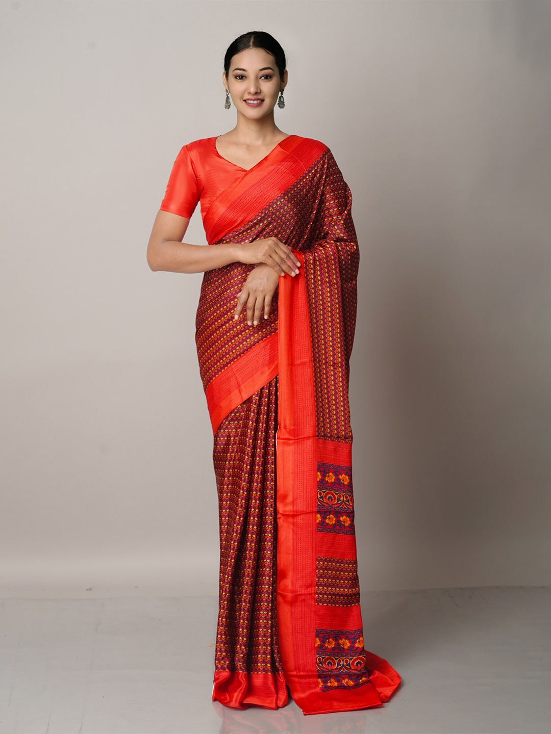 

Unnati Silks Red & Yellow Ethnic Motifs Block Print Saree