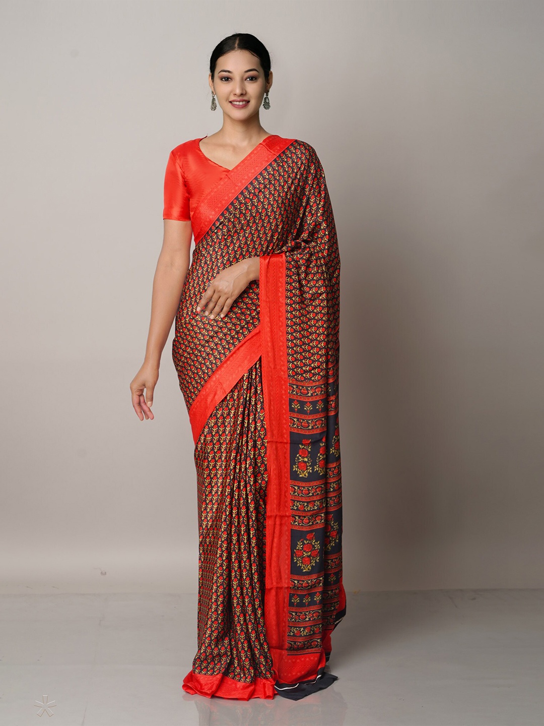

Unnati Silks Black & Red Ethnic Motifs Block Print Saree