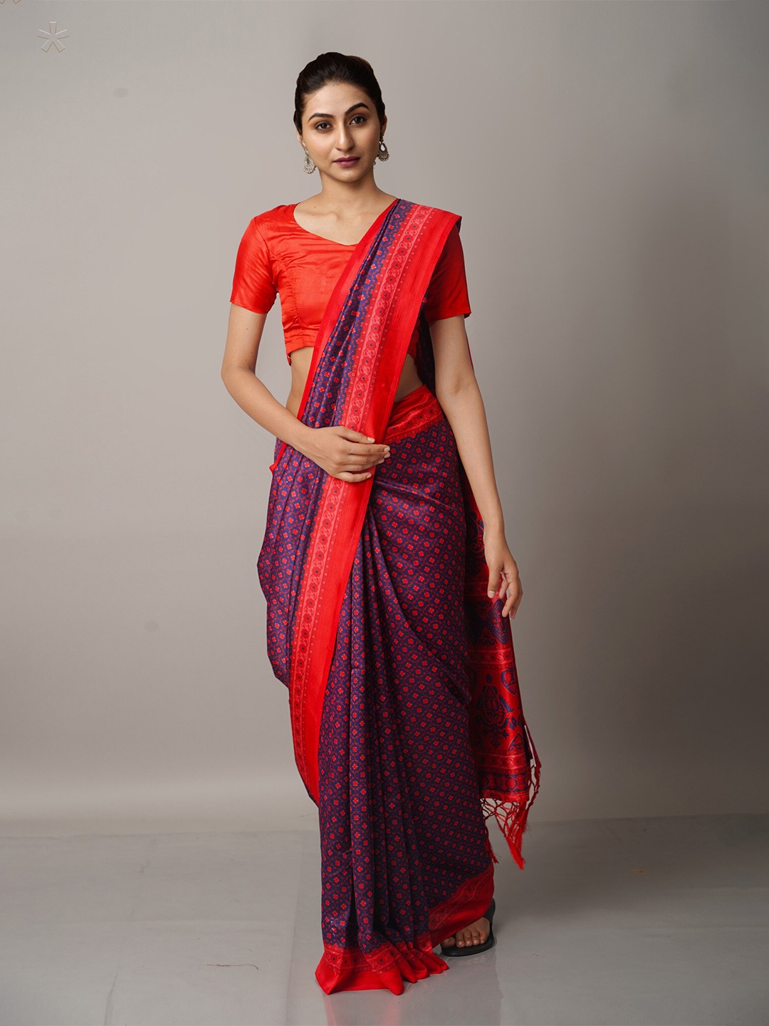 

Unnati Silks Purple & Red Ethnic Motifs Art Silk Block Print Saree