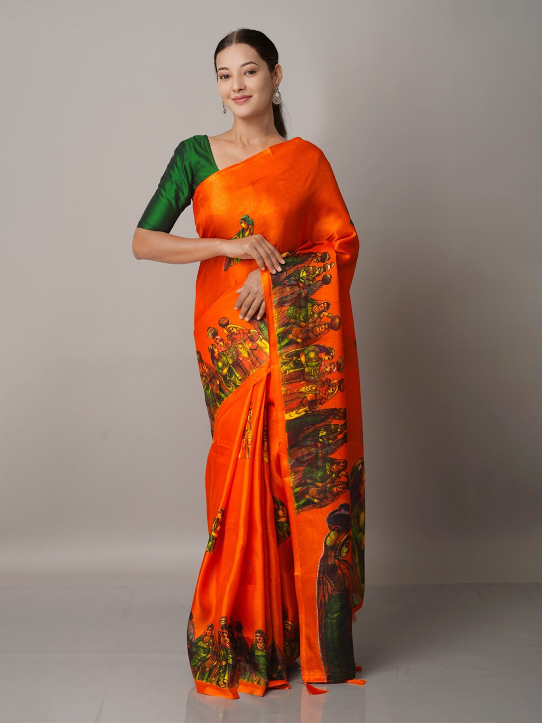 

Unnati Silks Orange & Green Ethnic Motifs Art Silk Block Print Saree