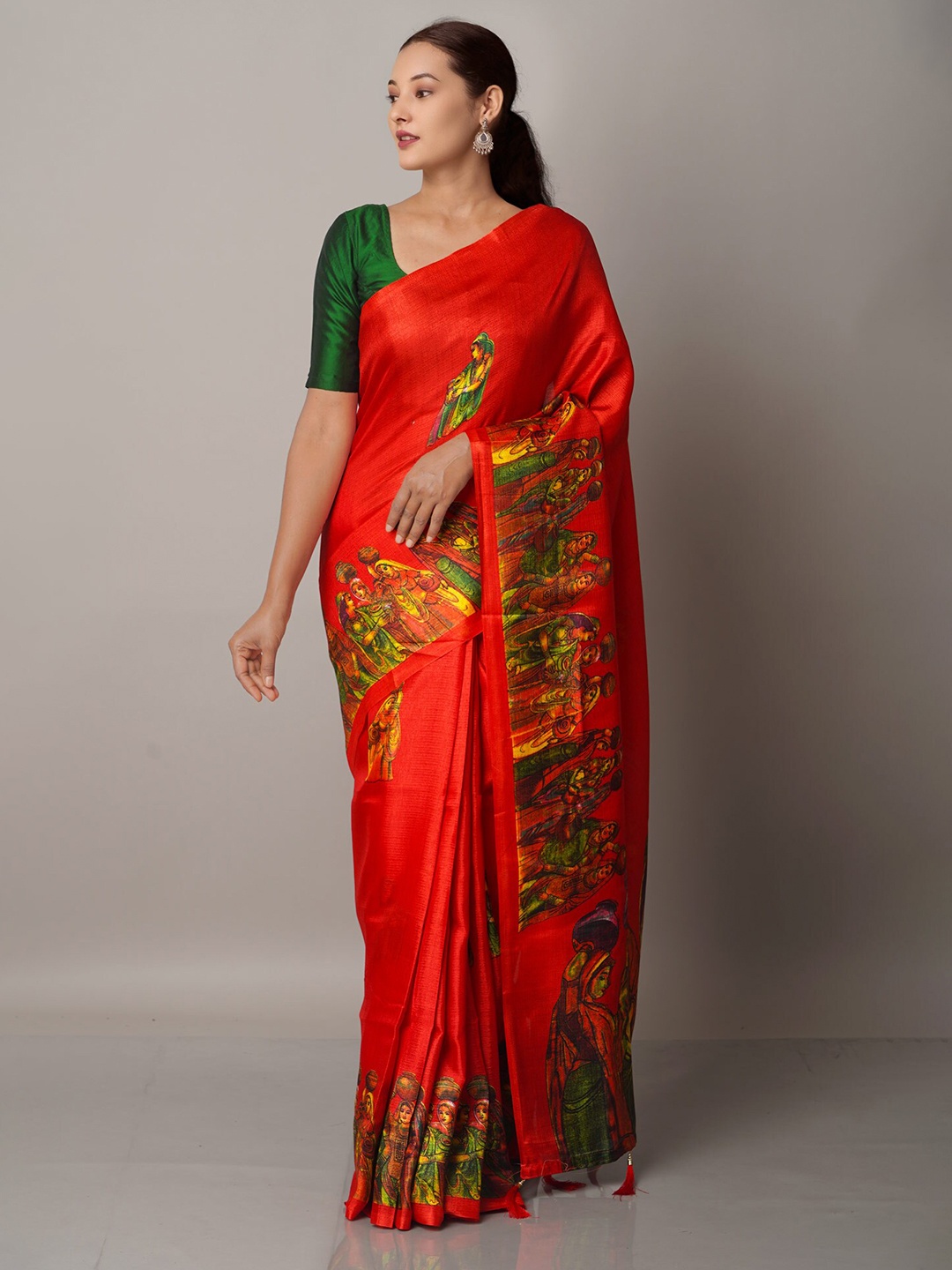 

Unnati Silks Red & Green Ethnic Motifs Art Silk Block Print Saree