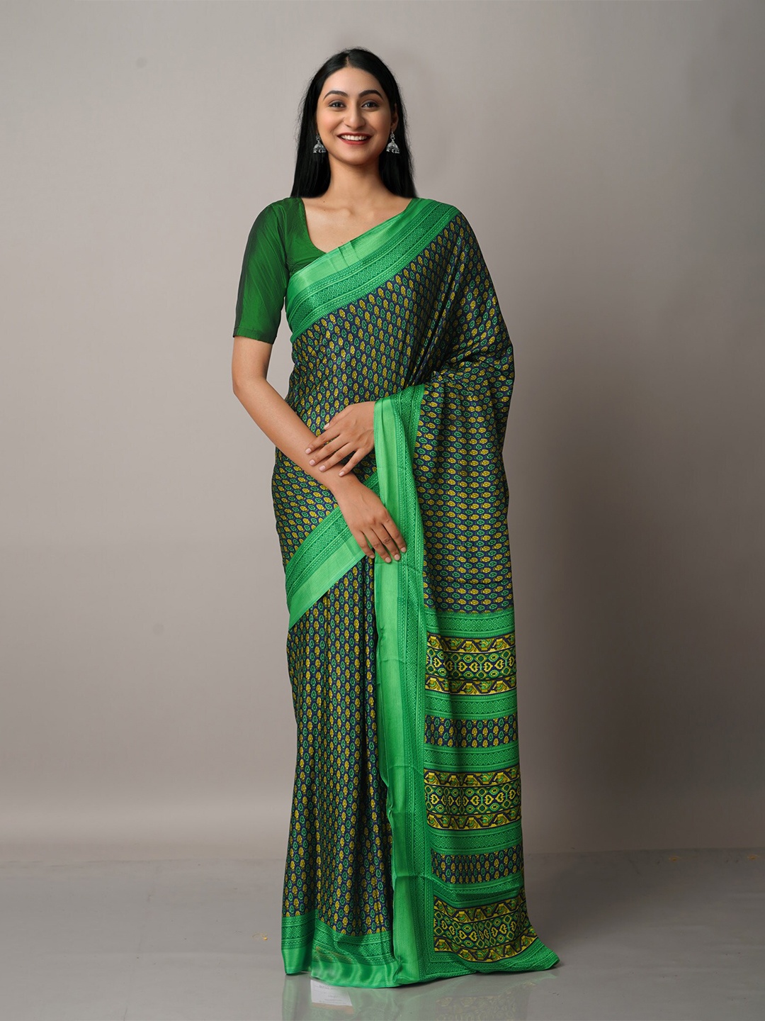 

Unnati Silks Green & Yellow Ethnic Motifs Block Print Saree