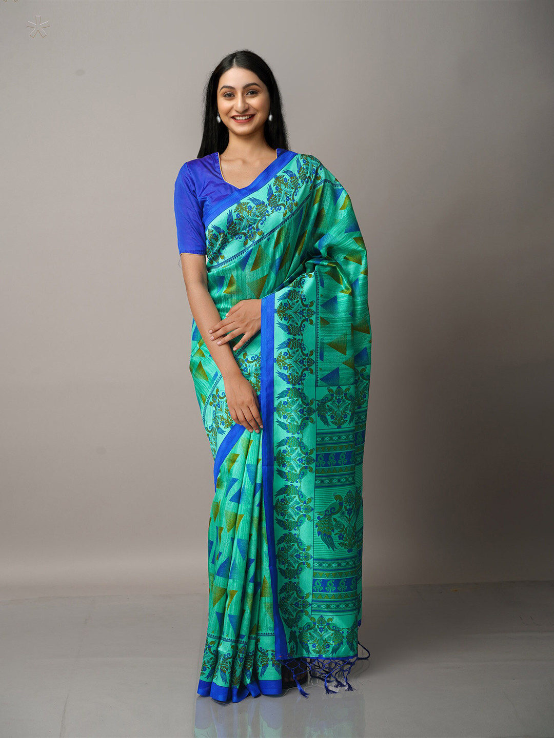 

Unnati Silks Green & Navy Blue Ethnic Motifs Art Silk Block Print Saree