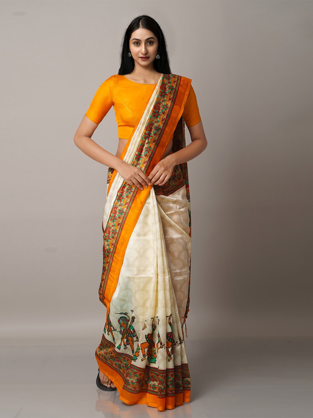 

Unnati Silks Cream-Coloured & Orange Ethnic Motifs Block Print Saree