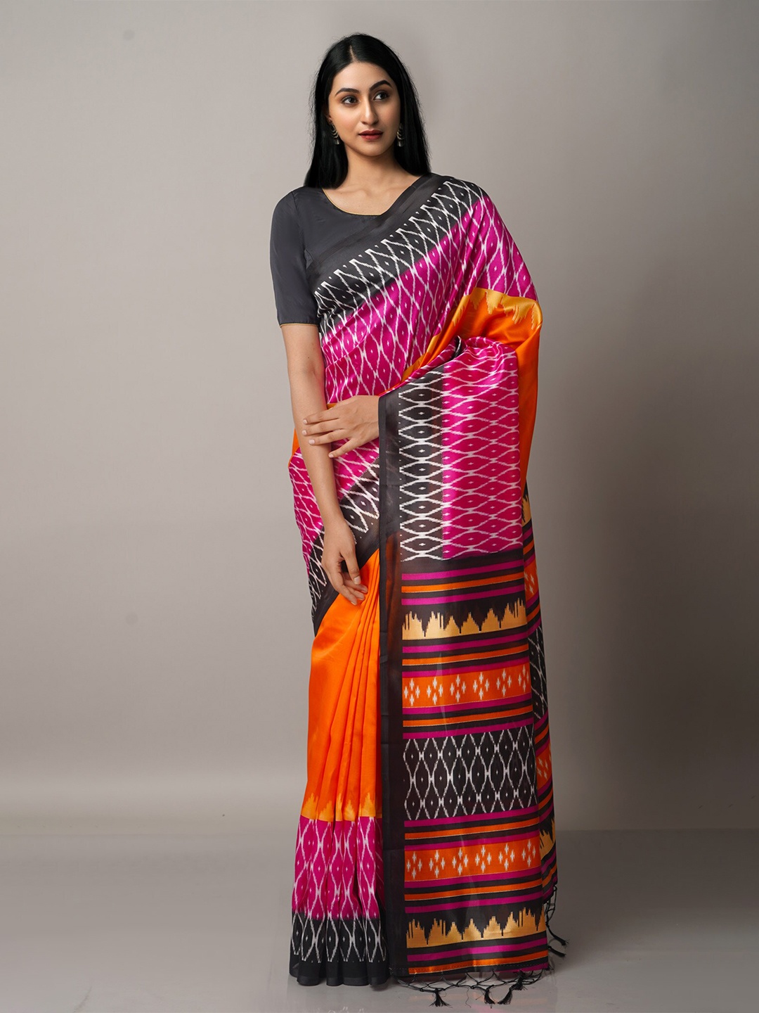 

Unnati Silks Multicolor Geometric Block Print Art Silk Saree, Multi