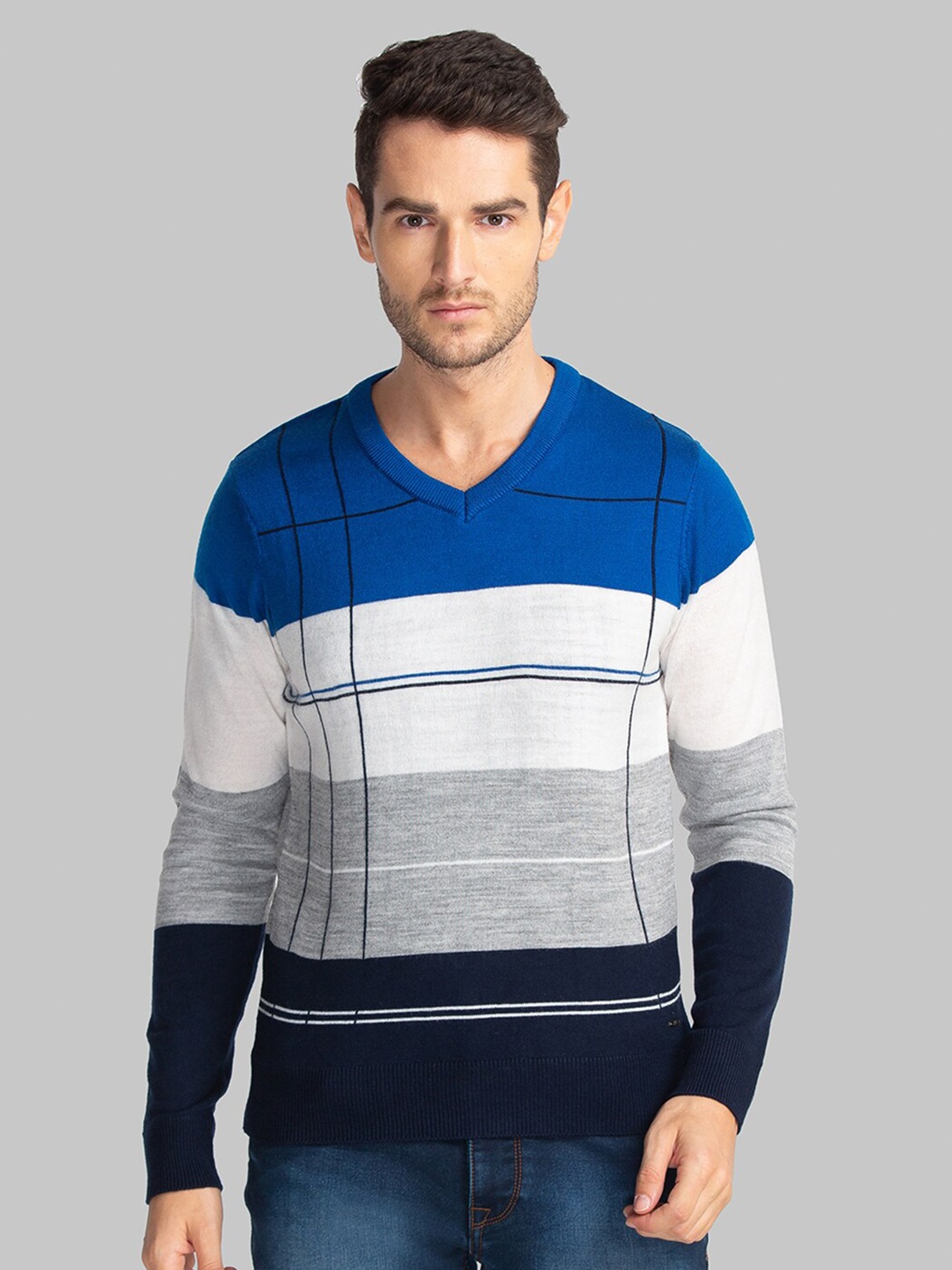 

Parx Men Blue & White Colourblocked Pullover