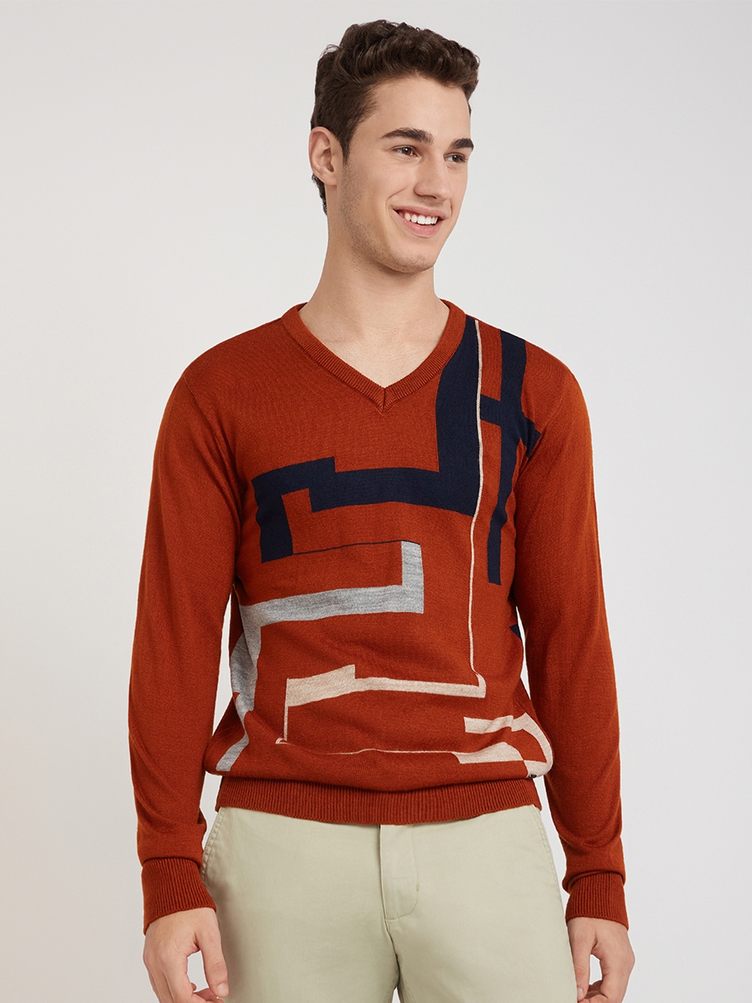 

Parx Men Rust & Blue Printed Pullover