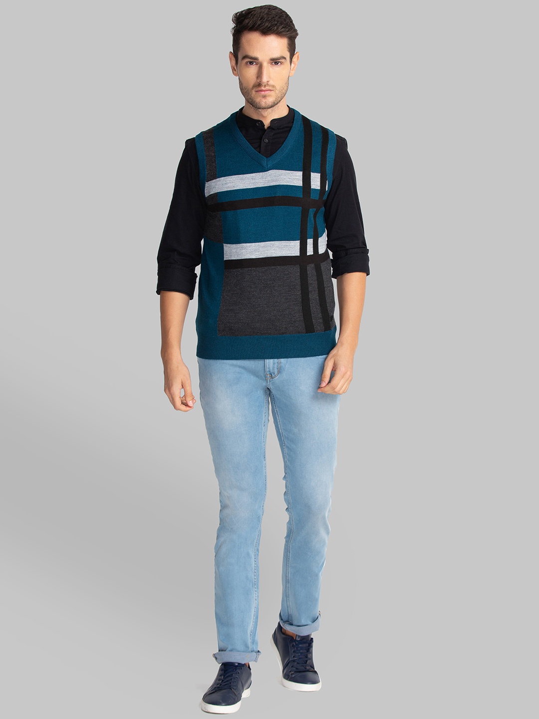 

Parx Men Teal & White Striped Sweater Vest