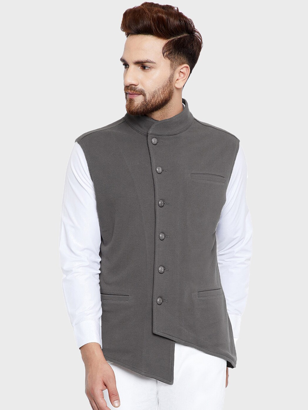 

Hypernation Grey Solid Cotton Knitted Nehru Jacket