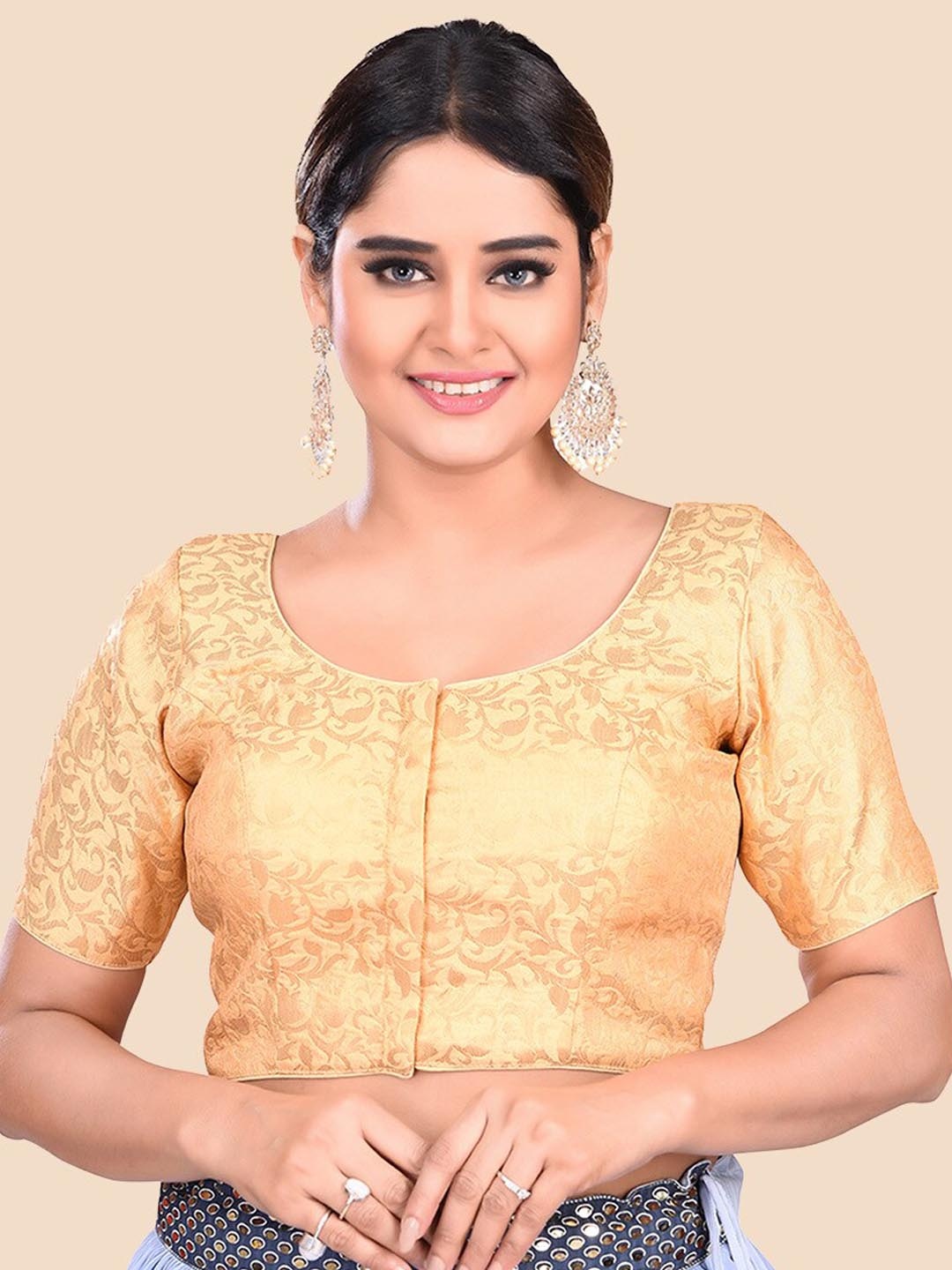 

neckbook Golden Woven-Design Padded Princess Cut Brocade Saree Blouse, Gold