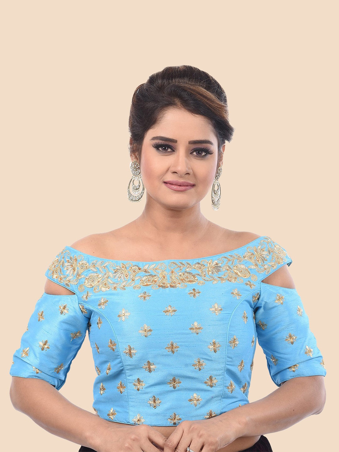 

neckbook Embroidered Dupion Padded Saree Blouse, Blue