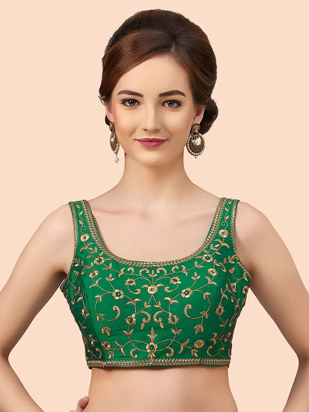 

neckbook Embroidered Raw Silk Saree Blouse, Green