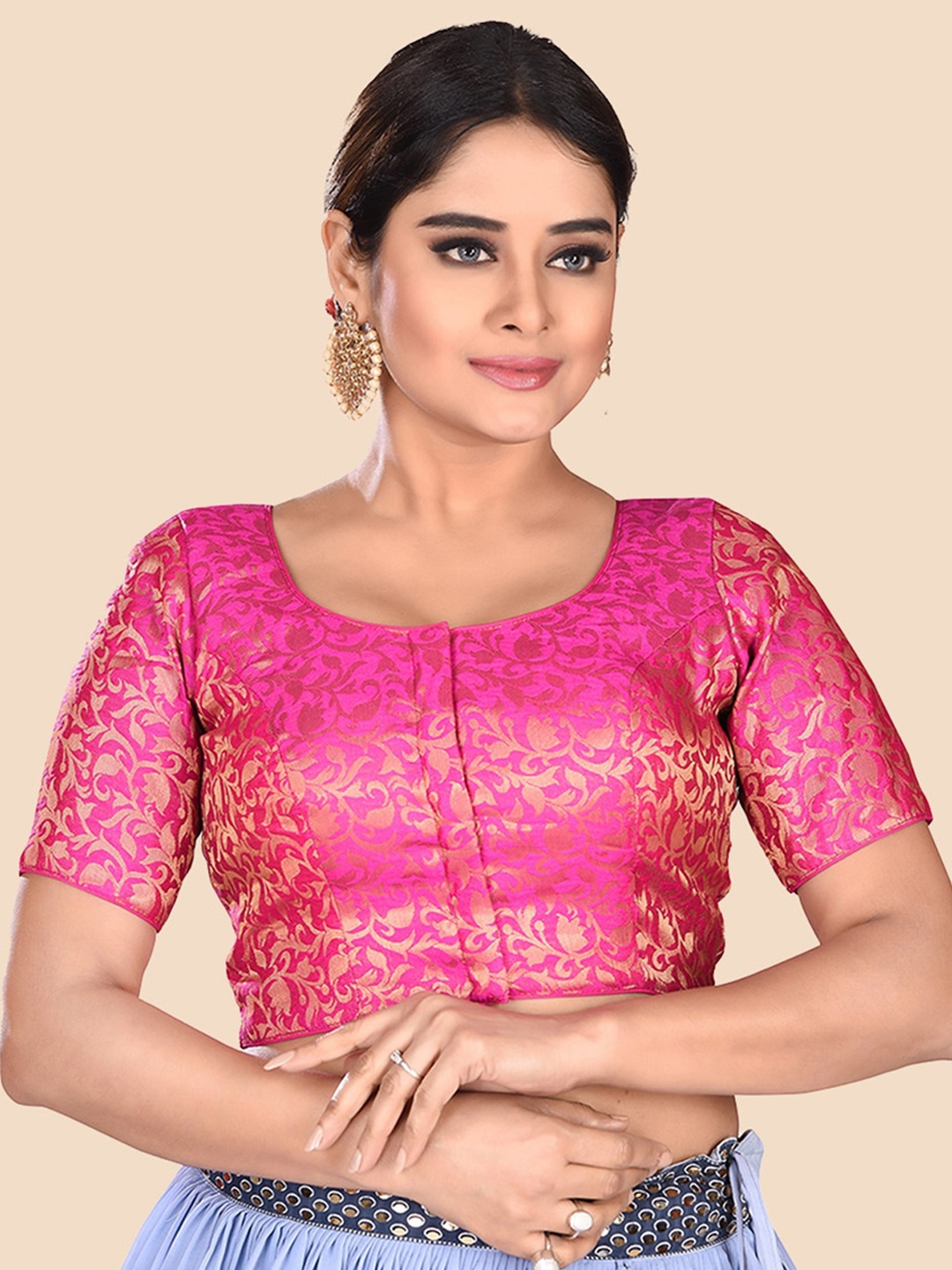 

neckbook Woven-Design Padded Princess-Cut Brocade Saree Blouse, Pink