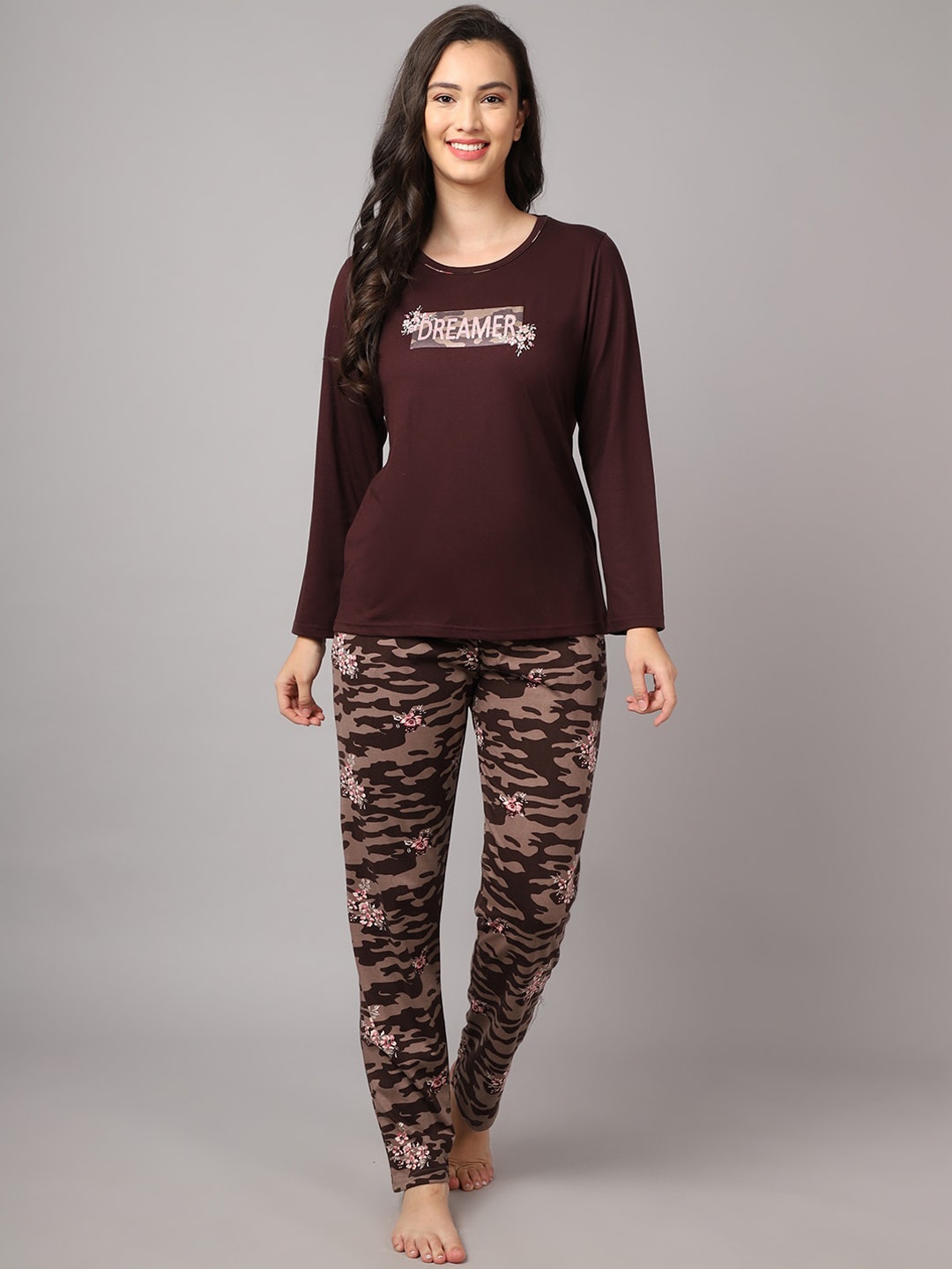

Kanvin Women Brown & Pink Printed Night suit