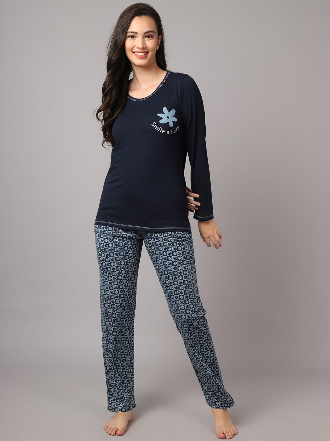 

Kanvin Women Navy Blue Printed Night suit