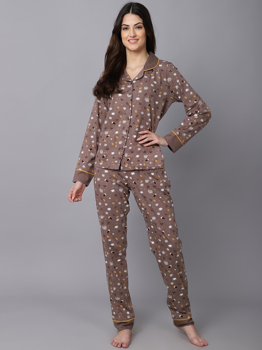 

Kanvin Women Camel Brown & White Printed Night suit