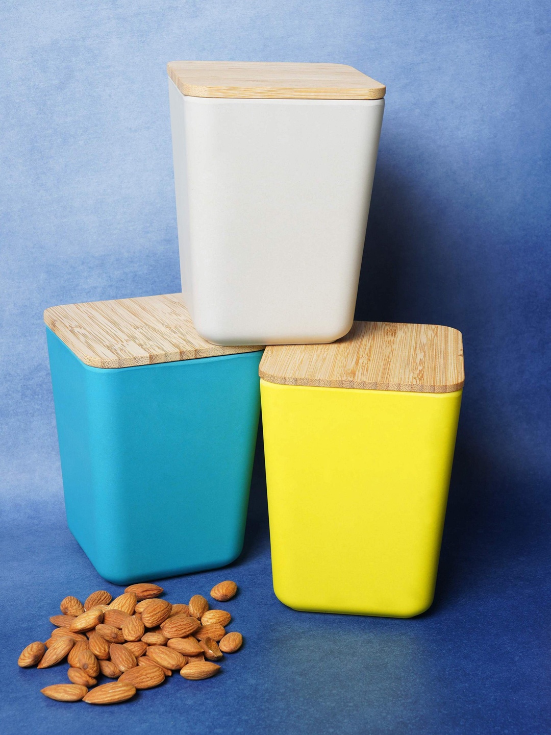 

earthism Pack of 3 Solid Bamboo Storage Jars, Yellow