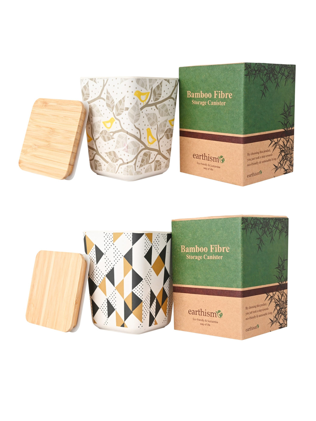 

earthism Pack of 2 Printed Bamboo Storage Jars, Off white