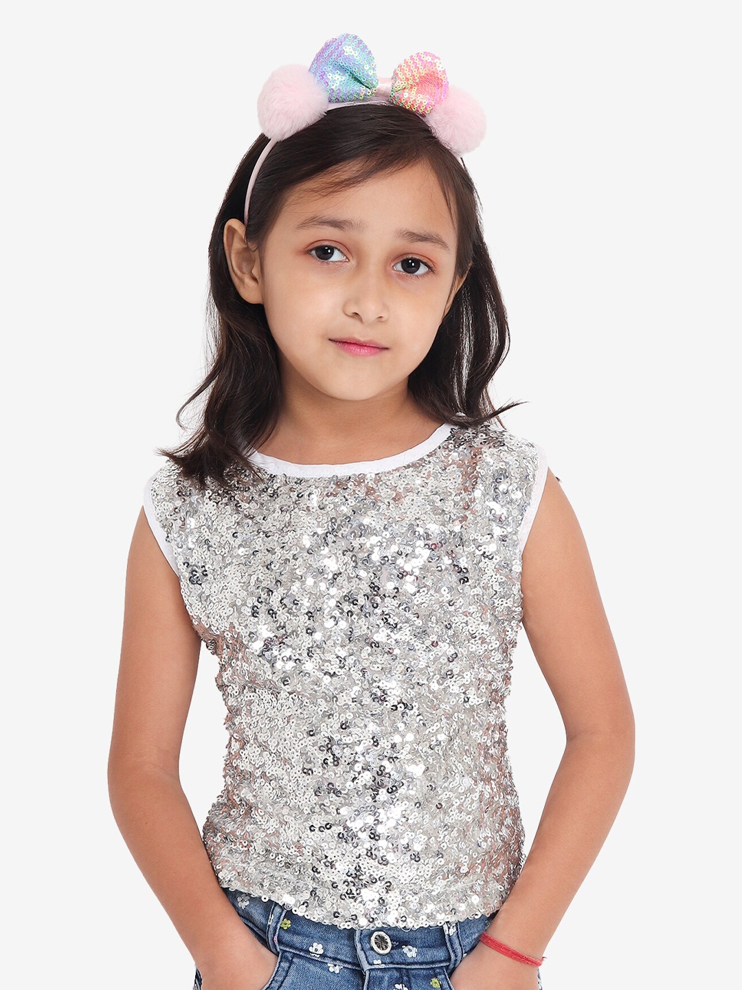 

YK Silver-Toned Sequin Embellished Net Party Top