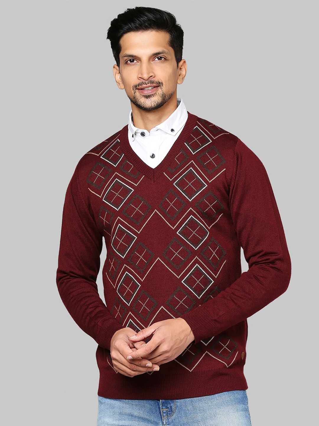 

Raymond Men Maroon & Grey Checked Pullover