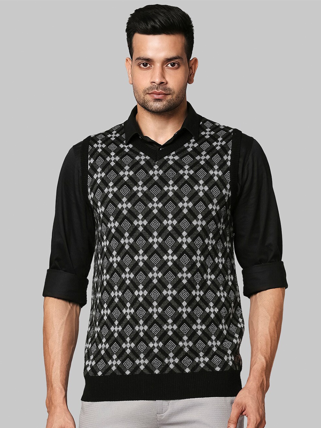 

Raymond Men Black & Grey Printed Sweater Vest