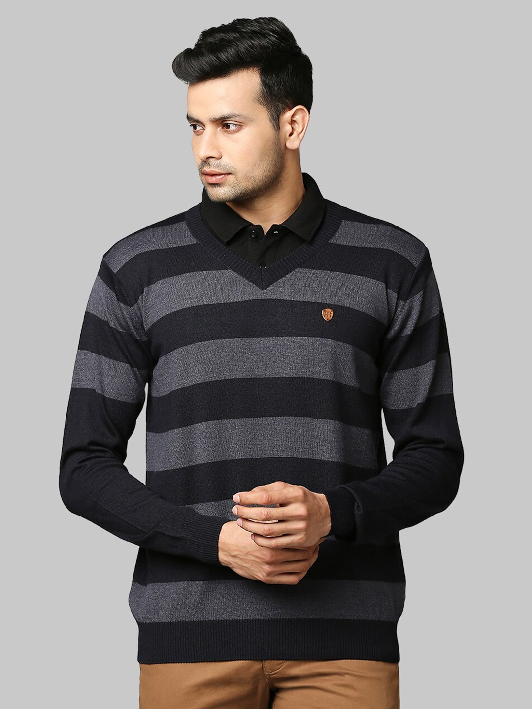 

Raymond Men Navy Blue & Grey Striped Pullover