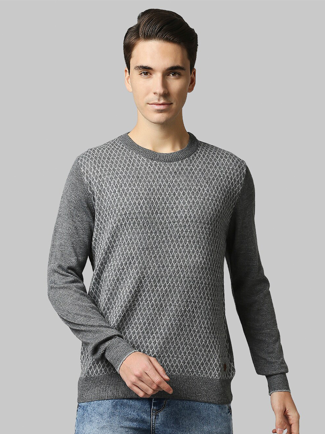 

Raymond Men Grey & White Printed Pullover Sweater