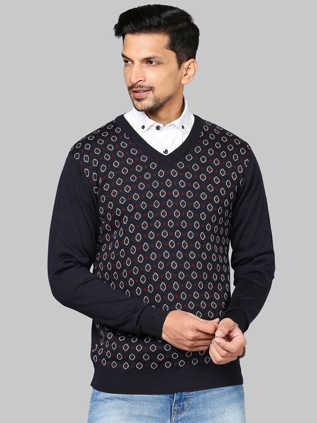 

Raymond Men Navy Blue & White Printed Pullover