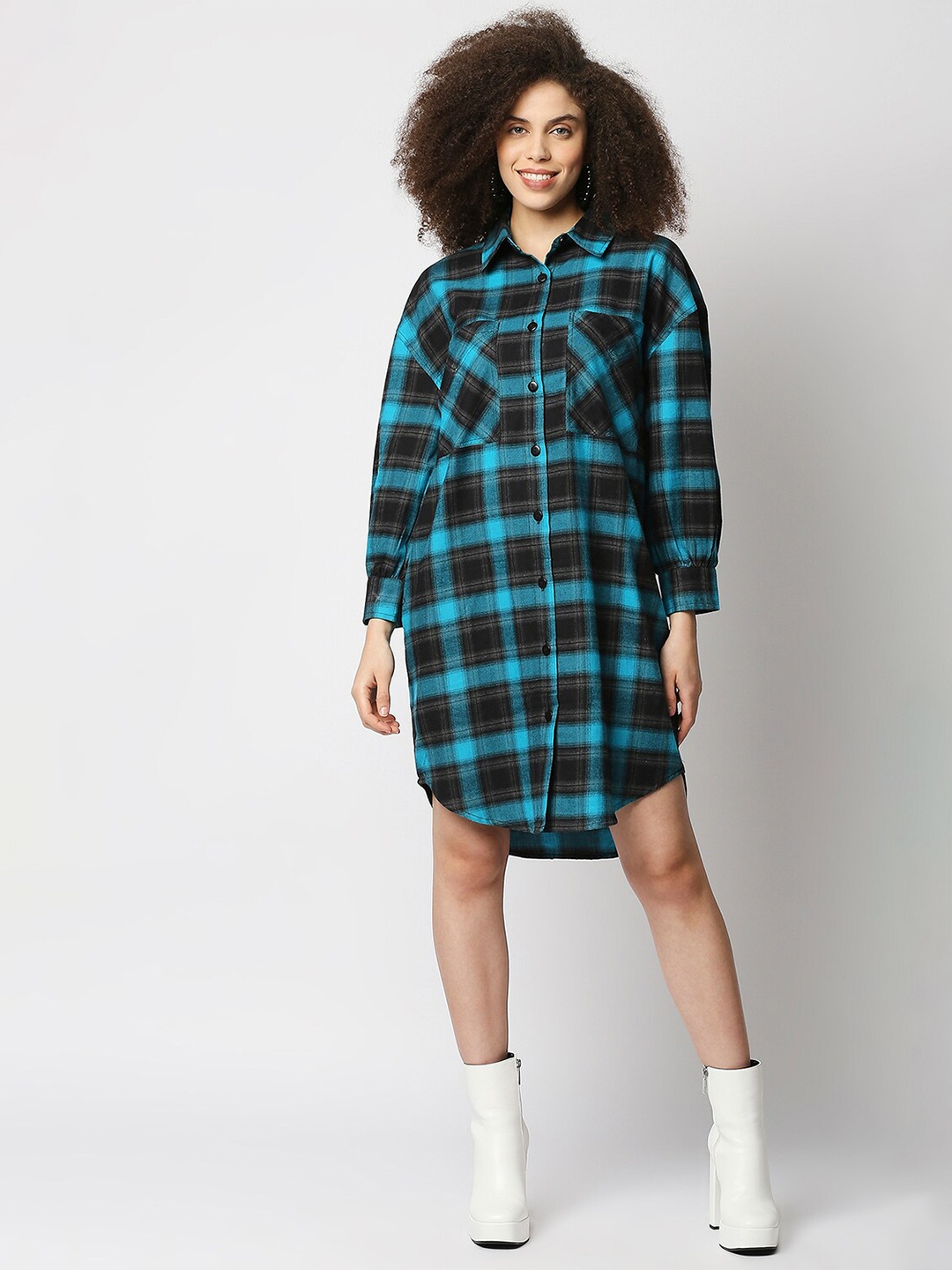 

Remanika Blue Checked Cotton Shirt Dress