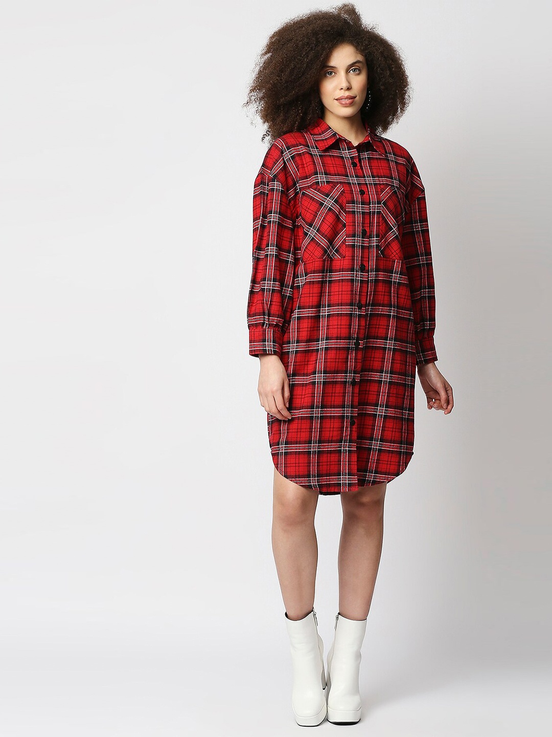 

Remanika Women Red Checked Pure Cotton Shirt Dress
