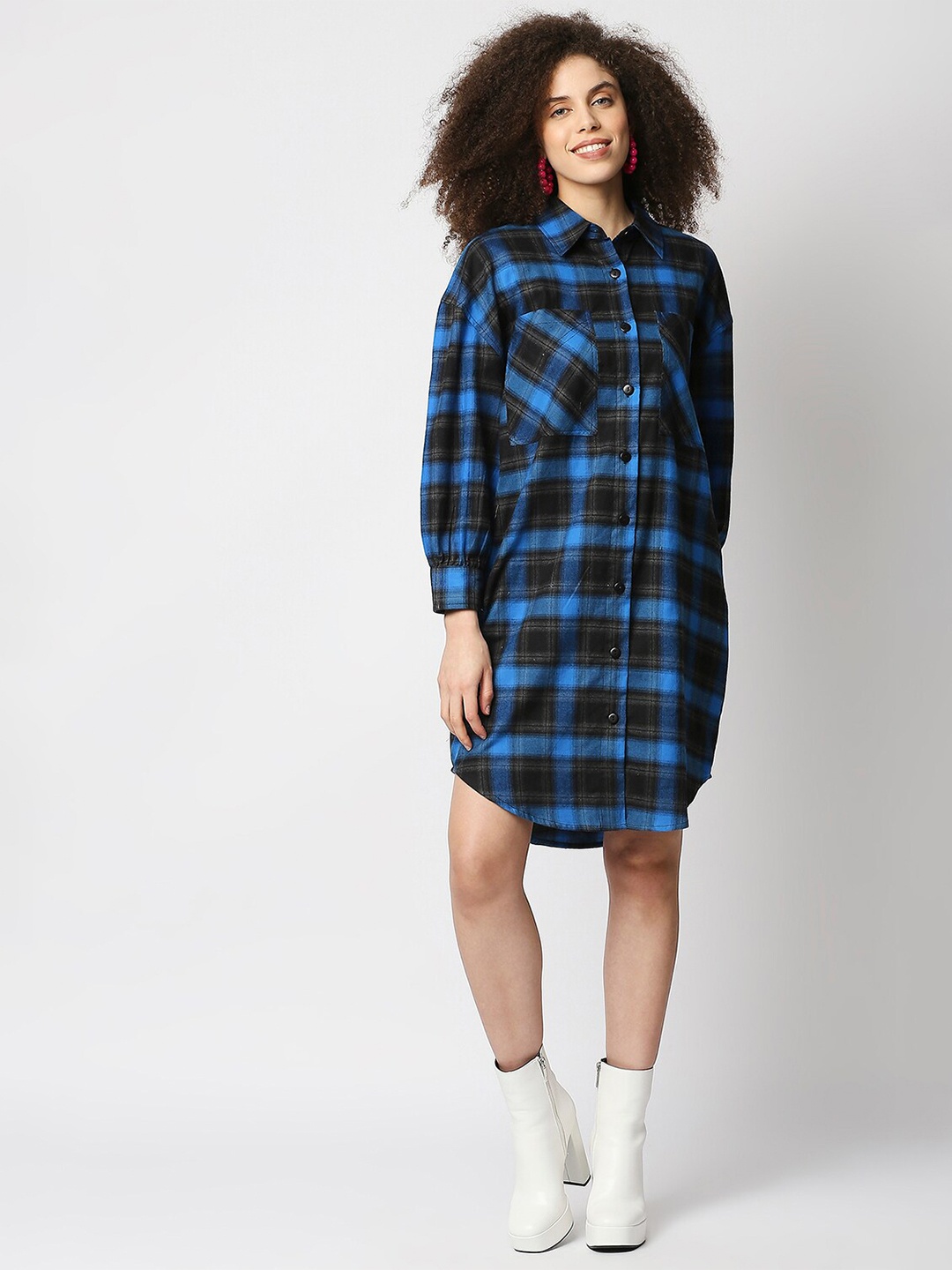 

Remanika Women Blue Checked Shirt Dress