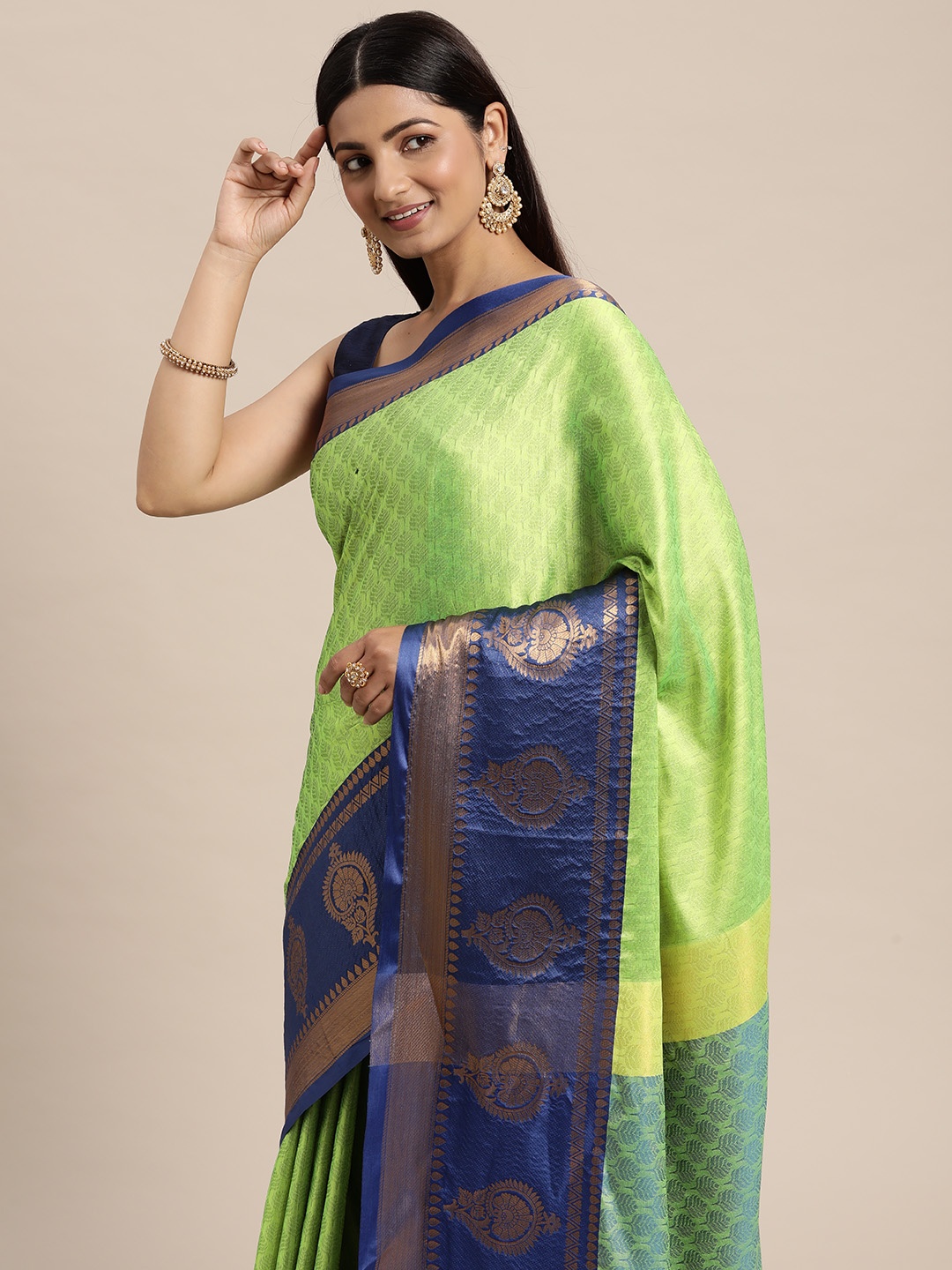 

FASHDEAL Green & Navy Blue Floral Jacquard Woven Pure Cotton Saree
