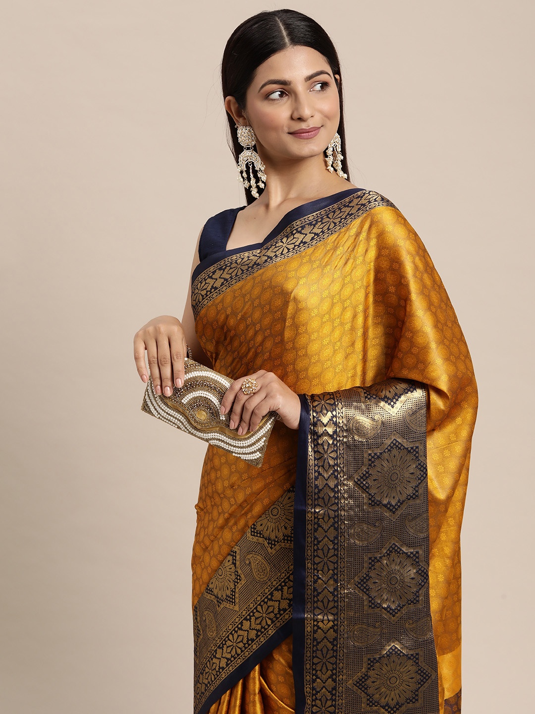 

FASHDEAL Mustard Yellow & Black Floral Jacquard Pure Cotton Saree