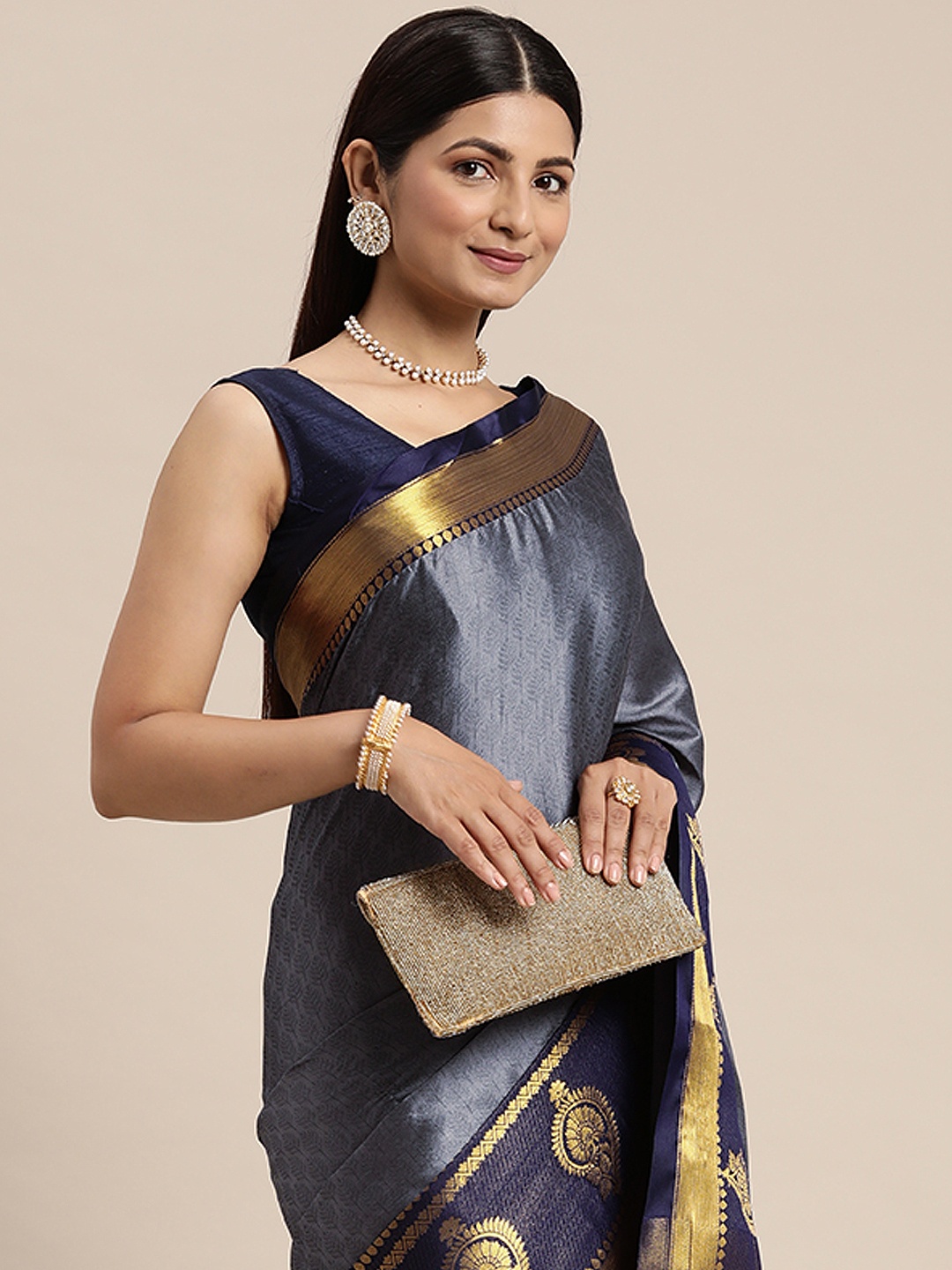 

FASHDEAL Grey & Gold Floral Pure Cotton Jacquard Saree