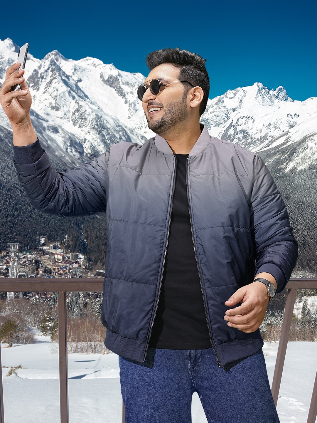 

Sztori Men Plus Size Ombre Effect Bomber Jacket, Navy blue