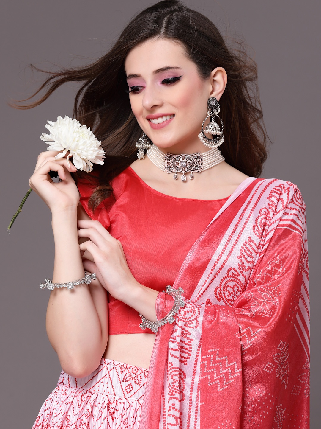 

Satrani White & Red Semi-Stitched Lehenga & Unstitched Blouse With Dupatta