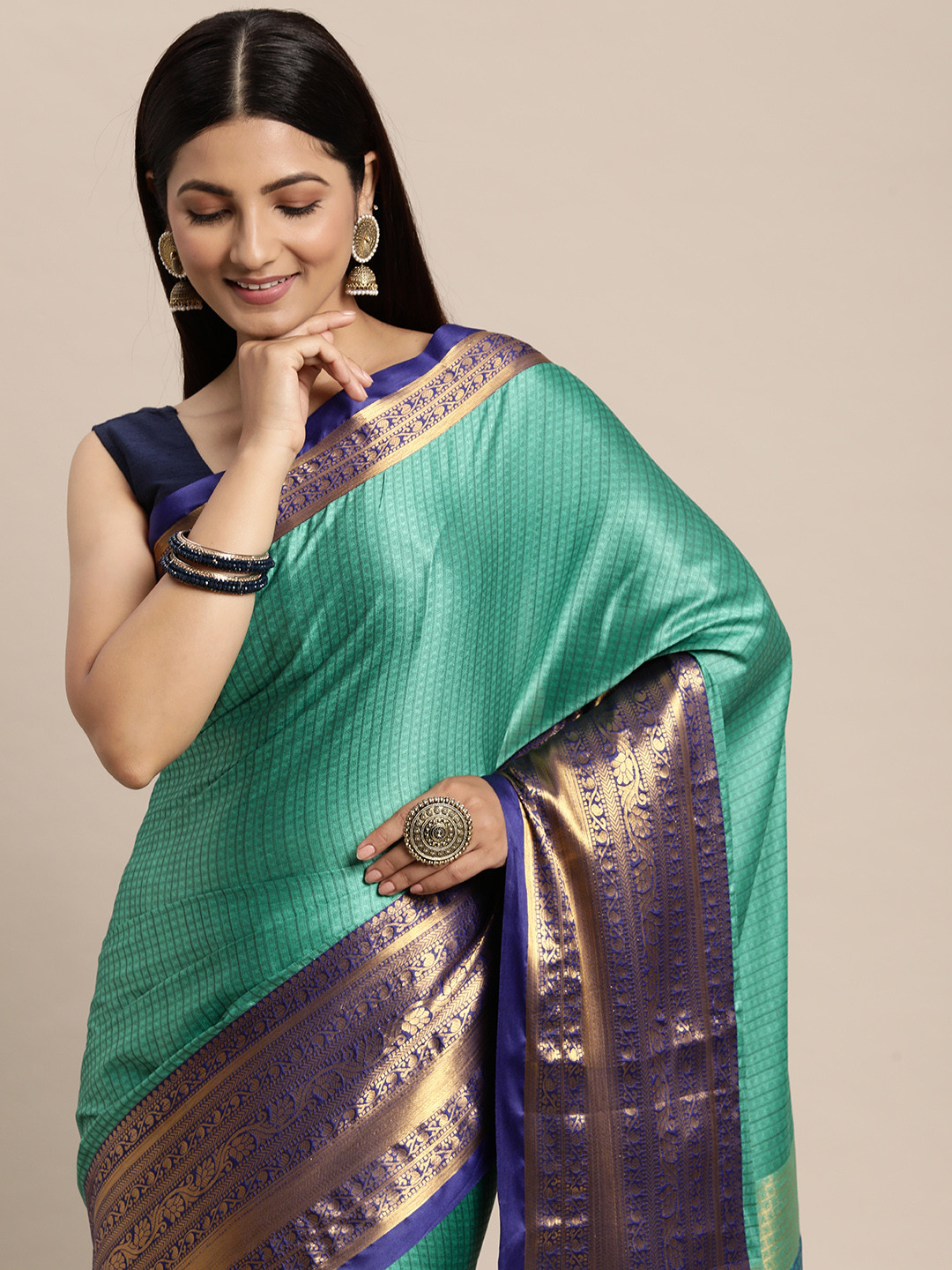 

FASHDEAL Blue & Gold Floral Jacquard Pure Cotton Saree