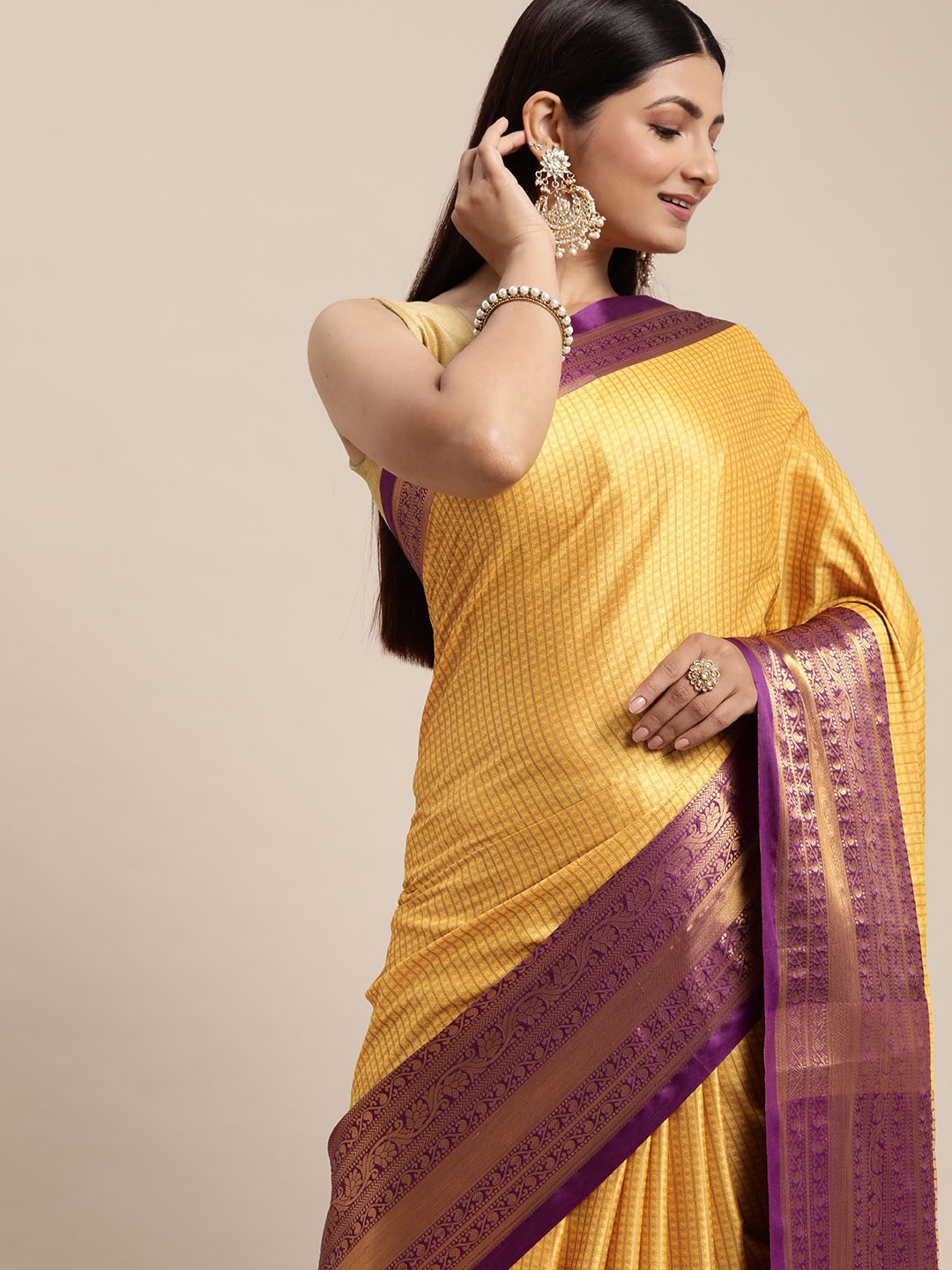 

FASHDEAL Checked Jacquard Woven Pure Cotton Saree, Mustard