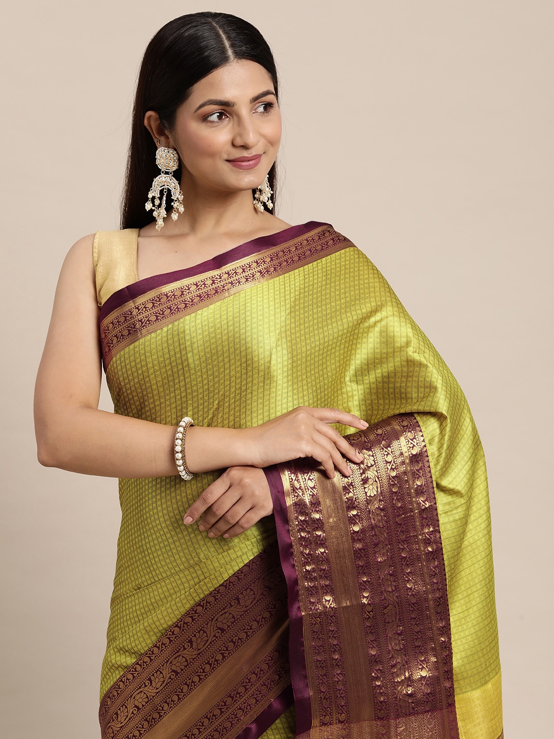 

FASHDEAL Lime Green & Maroon Checked Jacquard Pure Cotton Saree