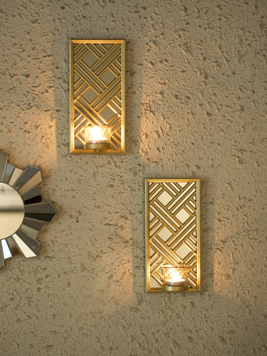 

MARKET99 Set Of 2 Gold-Toned Textured T-Light Candle Holders