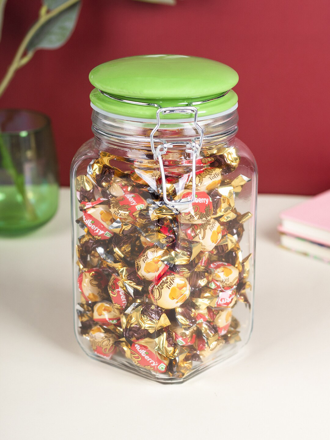 

MARKET99 Green Solid Glass Jar With Ceramic Lid- 1200ML