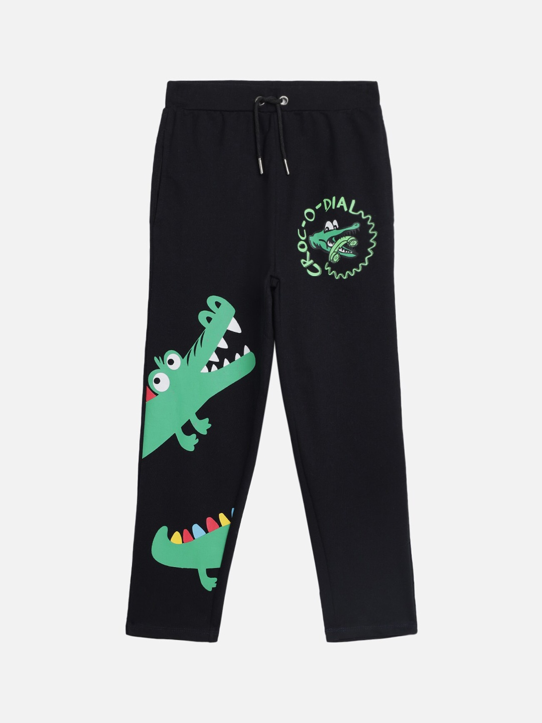 

YK Boys Blackand green Crocodile Graphic Printed Cotton Track Pant, Black