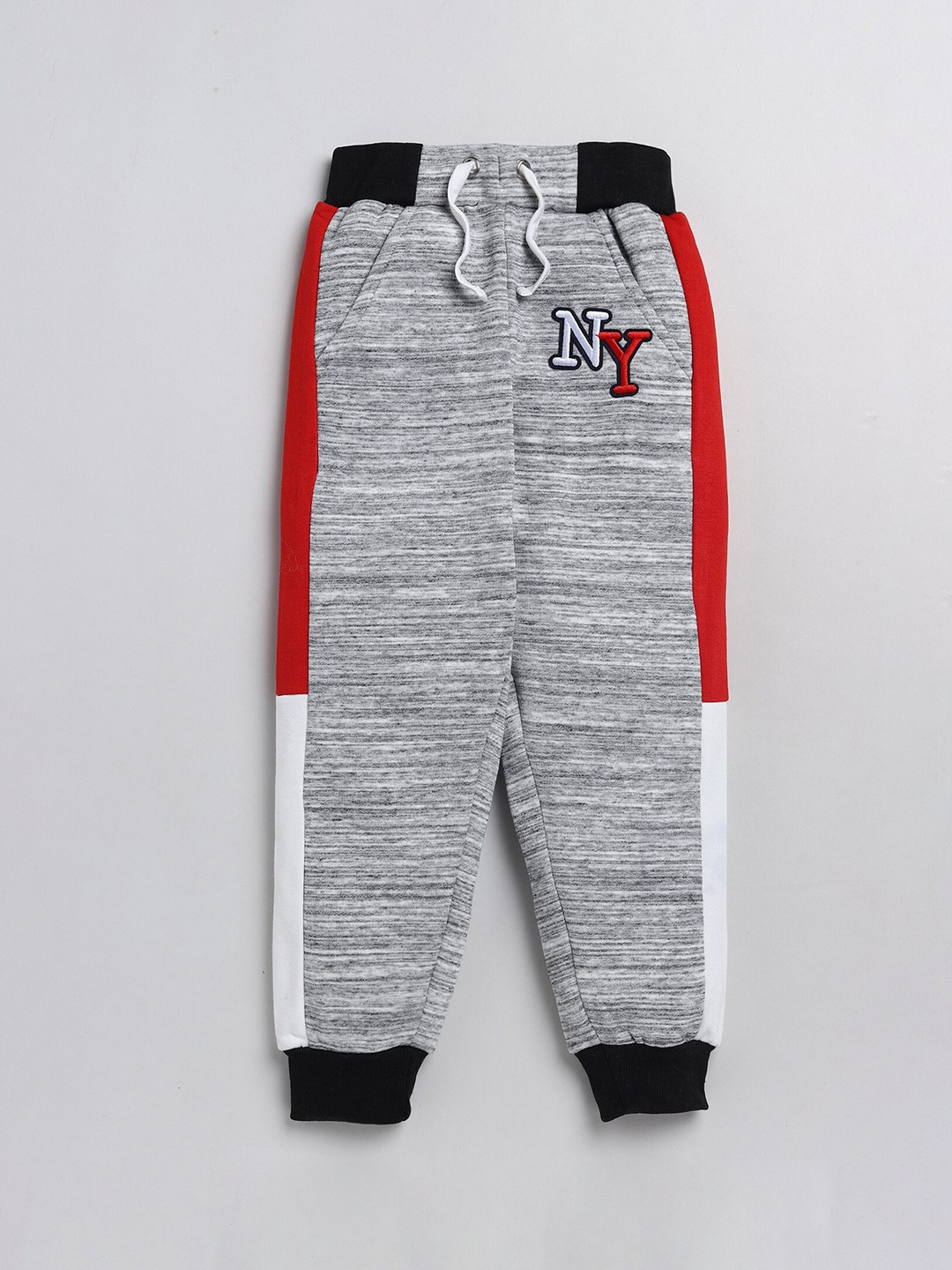 

YK Boys Grey Melange & Red Colour-Blocked Embroidered Joggers