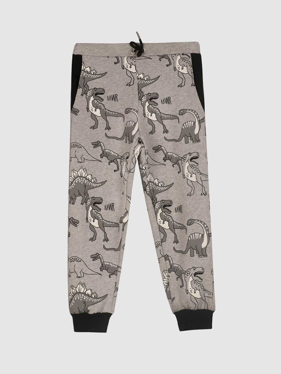 

YK Boys Grey Dinosaur Printed Straight-Fit Track Pants