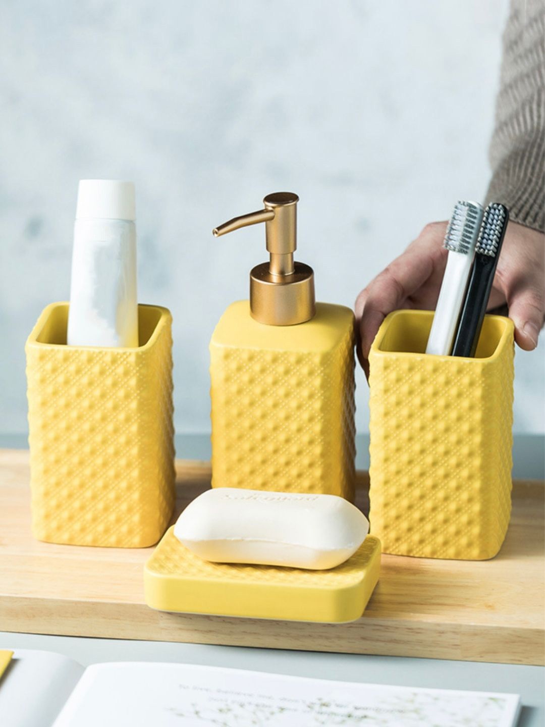 

Nestasia Set Of 4 Yellow Textured Bathroom Accessories