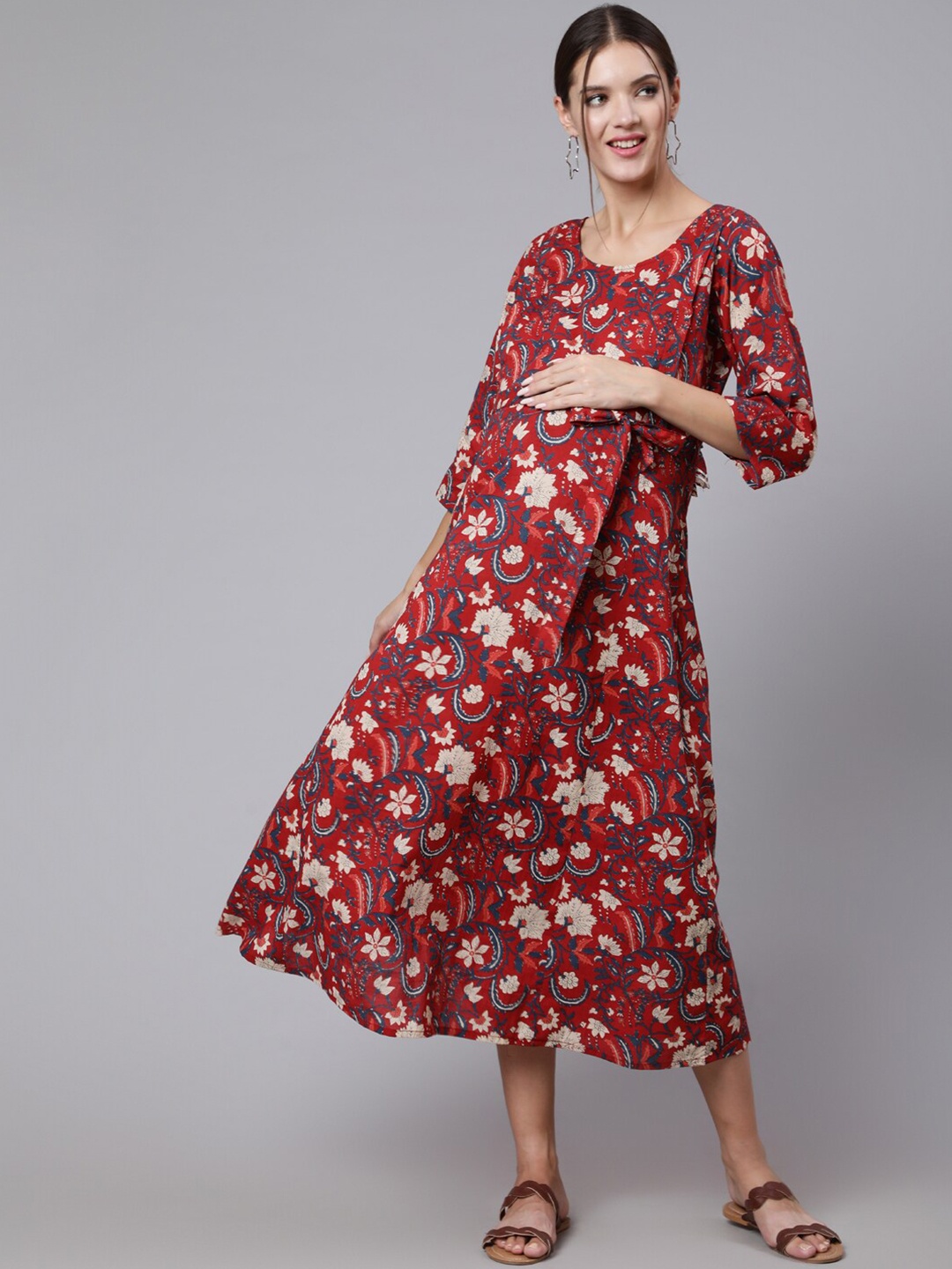 

Nayo Maroon Ethnic Motifs Maternity A-Line Midi Dress