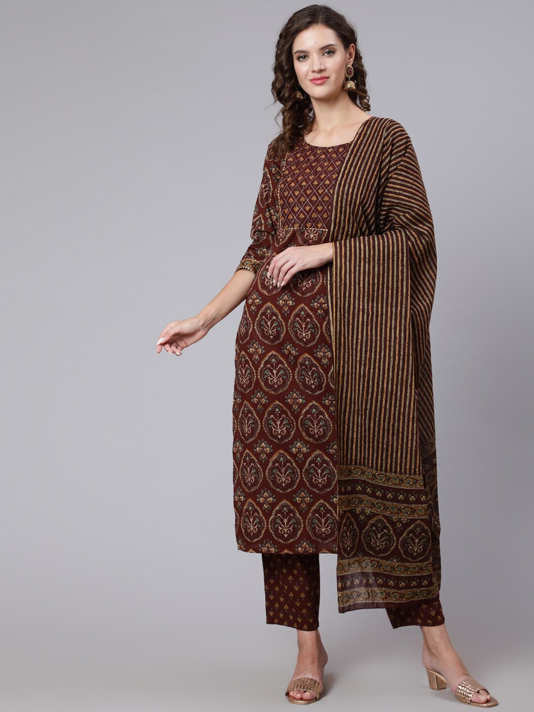 

Nayo Women Brown Printed Pure Cotton Kurta with Trousers & With Dupatta