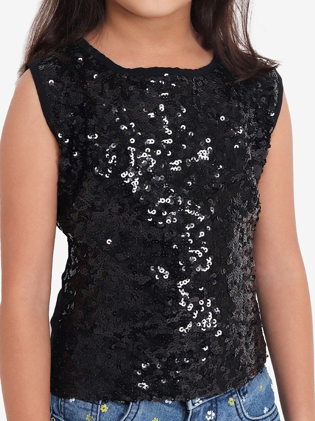 

YK Teen Girls Black Sequin Embellished Net Party Top